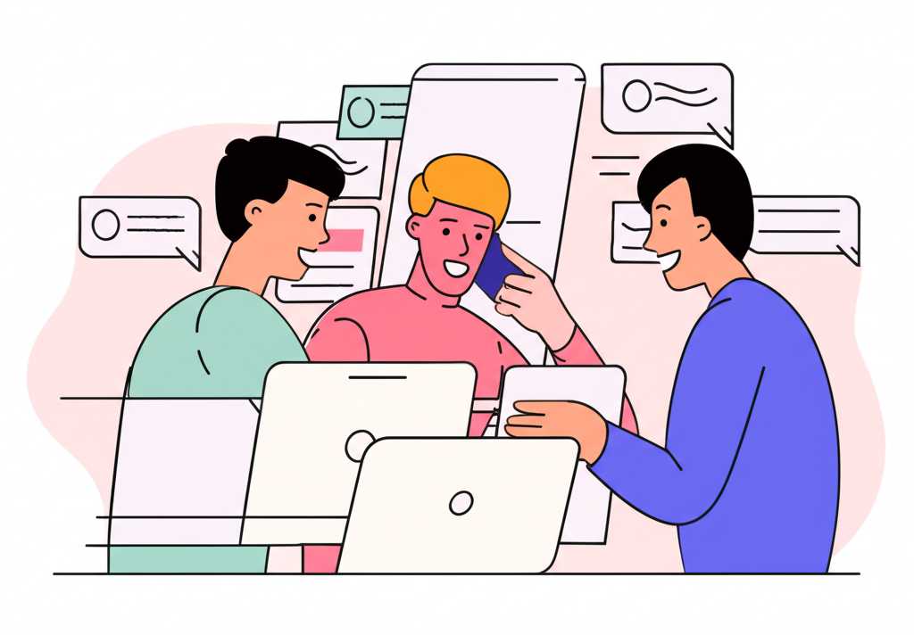 Friendly illustration of three male colleagues casually collaborating, relaxed atmosphere