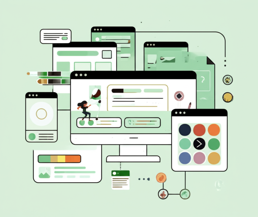 Friendly illustration of building a WordPress website with pastel green accents